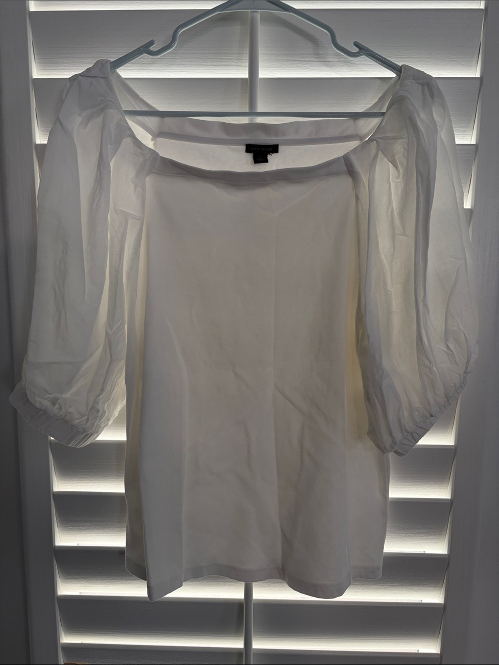 Ann Taylor White Puff-Sleeve Square Neck Blouse